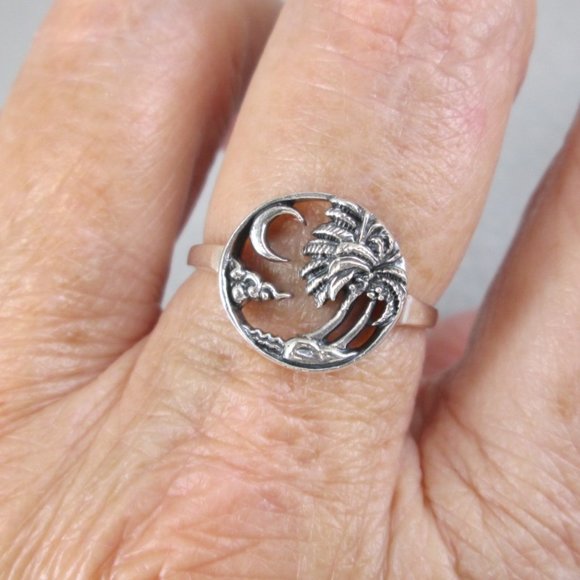 Sterling Silver Coconut Palm Tree and Crescent Moon ring>925 Palm Tree ring - Picture 1 of 7